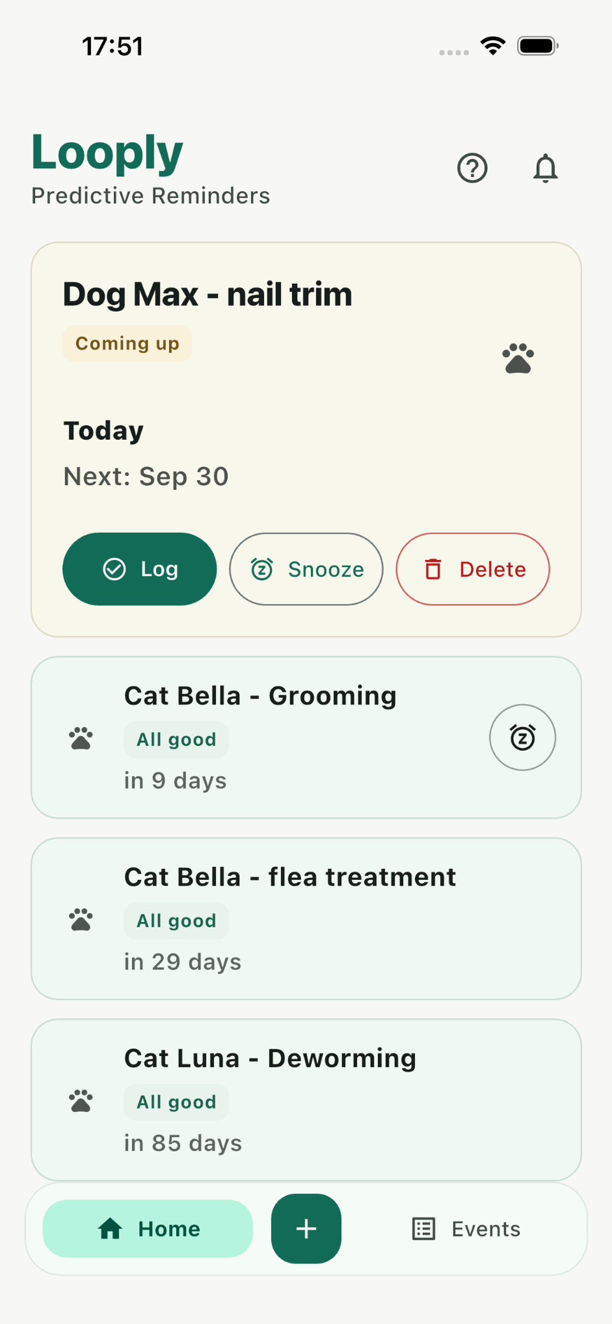 Looply home screen showing pet care reminders
