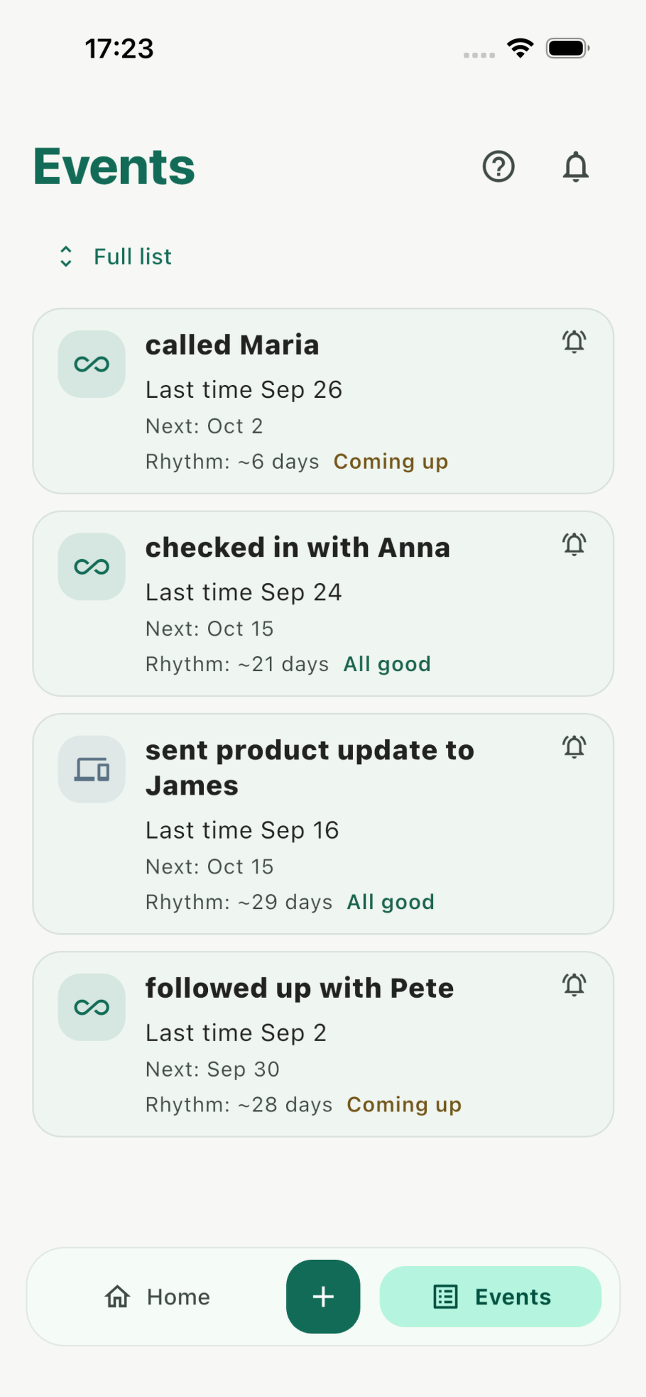 Looply events screen with a client follow-up history