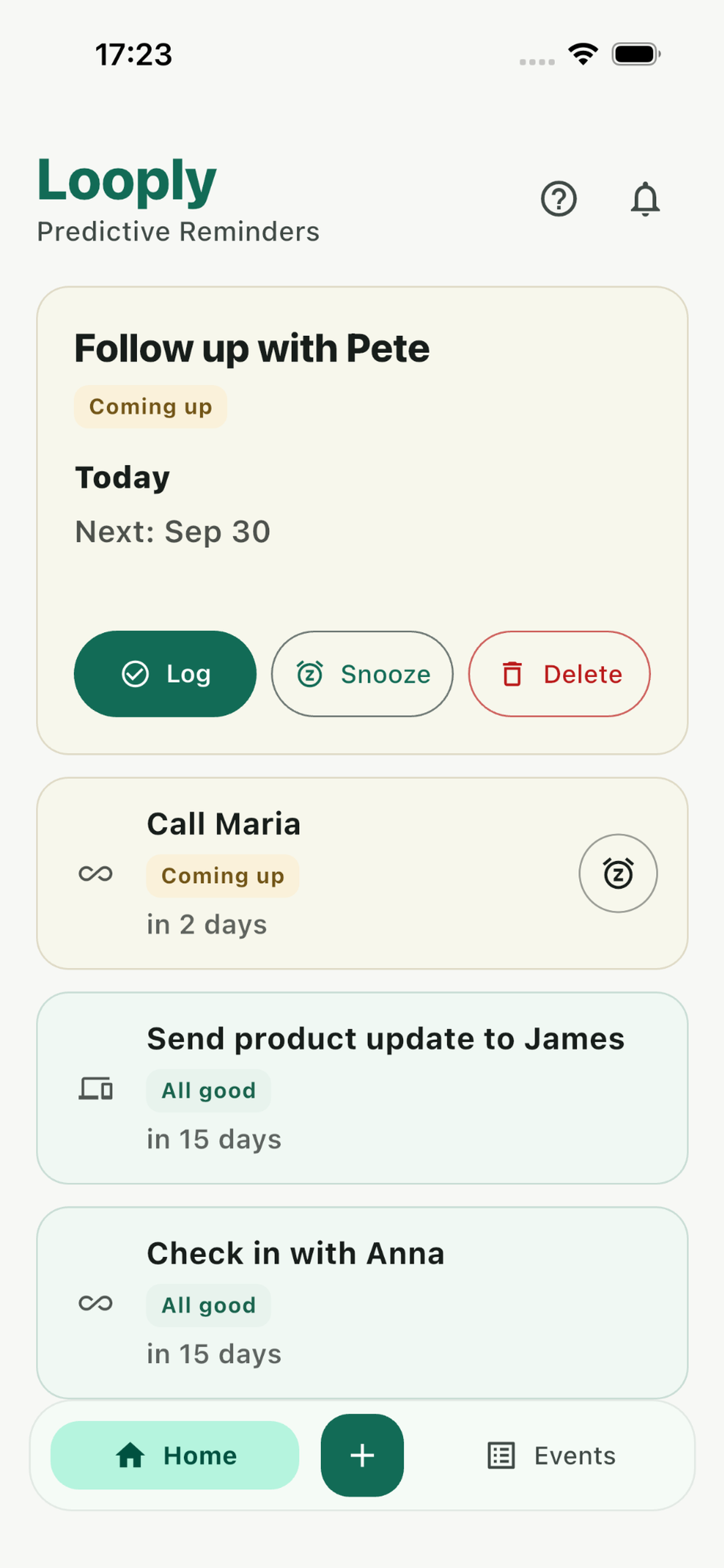 Looply home screen with client follow-up reminders