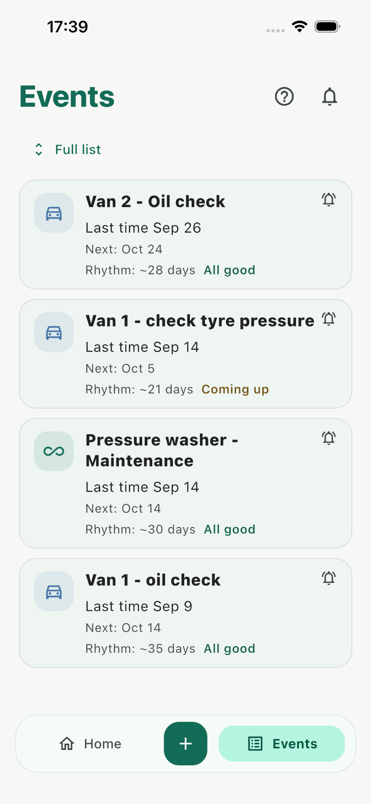 Looply events screen with fleet maintenance history