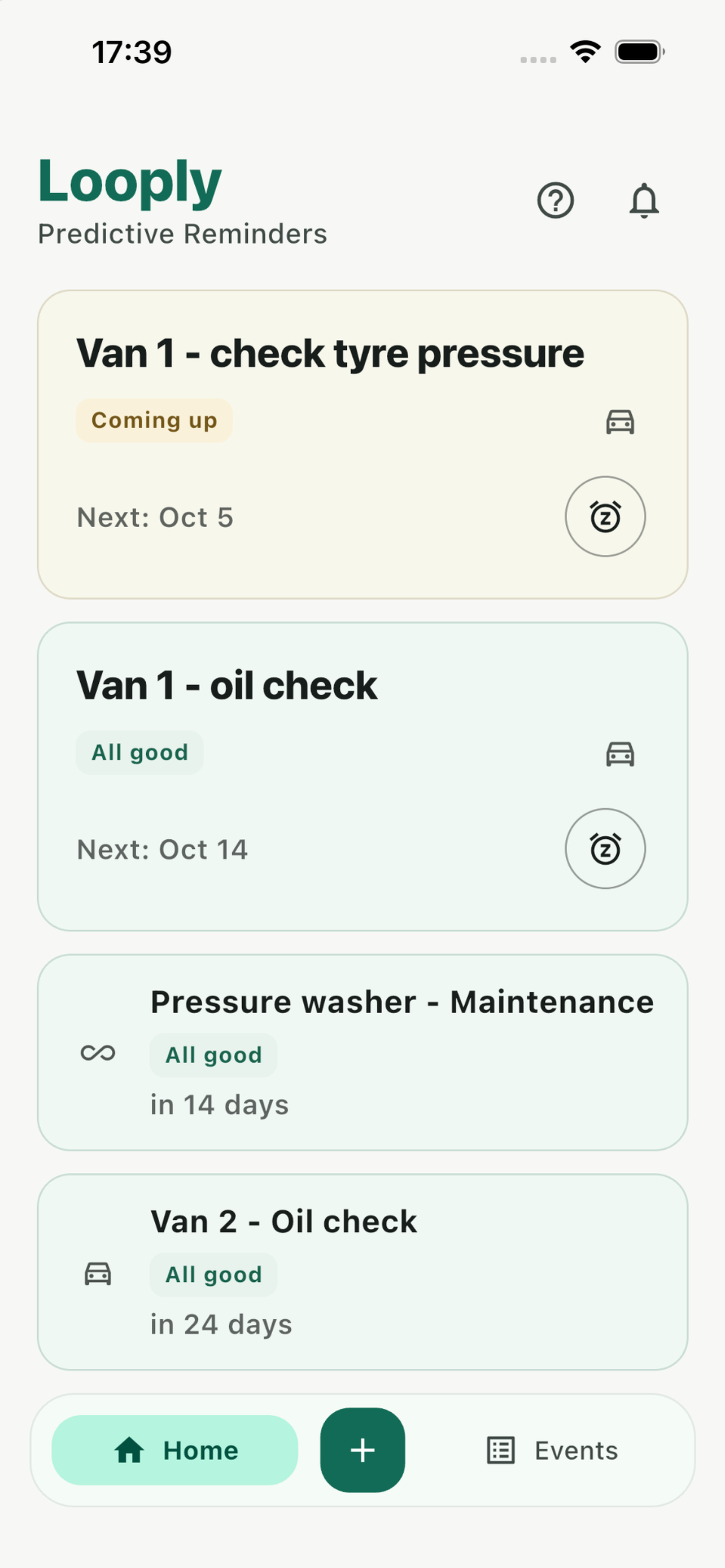 Looply home screen with fleet maintenance reminders